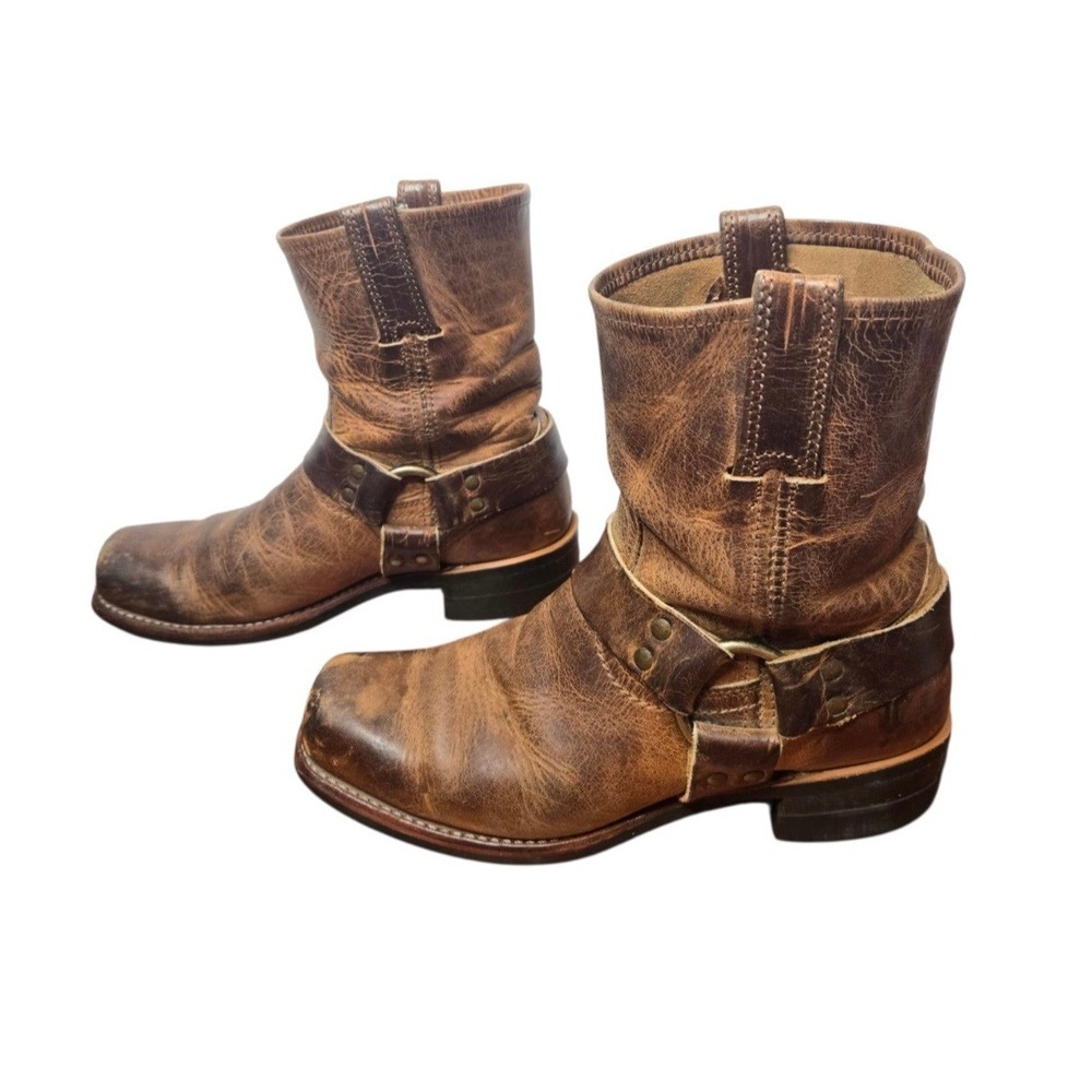 Frye Harness 8R 8 Distressed Brown Leather Moto Boots Y2K Harness Ring USA